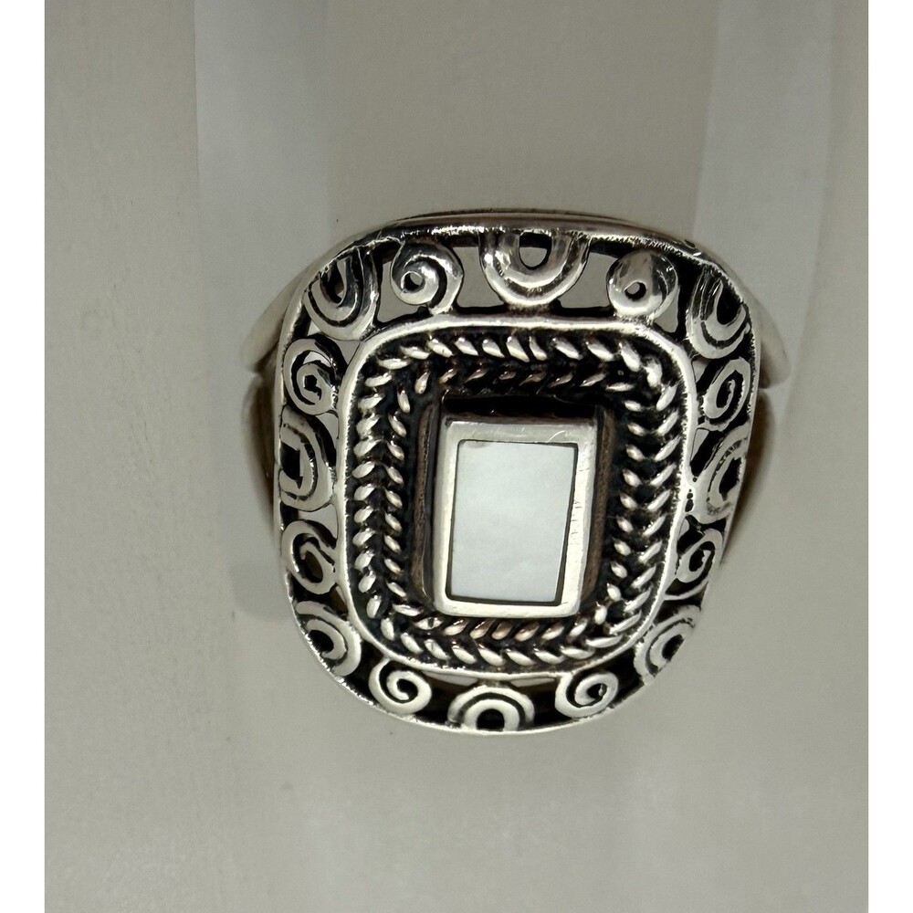 Vintage Signed 925 Sterling Silver Ring Large Mother of Pearl Size 6.5